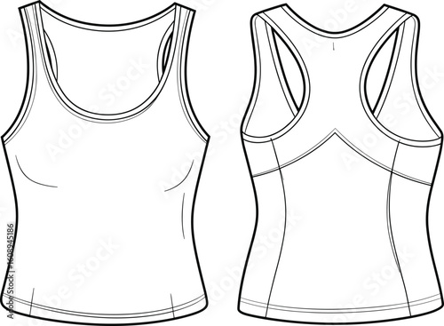 Professional Flat Sketch of a Women's Racerback Performance Tank Top, Front and Back Views, Ideal for Activewear Design, Technical Illustration, and Apparel CAD Templates, Perfect for Fitness.