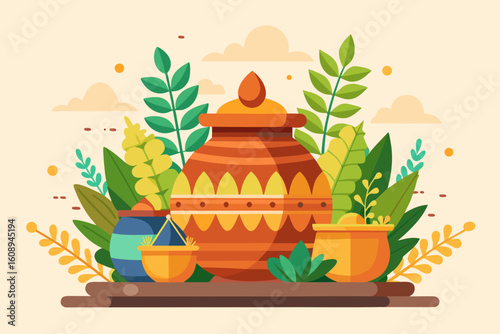 Harvest Festival Clay Pot Arrangement Vector