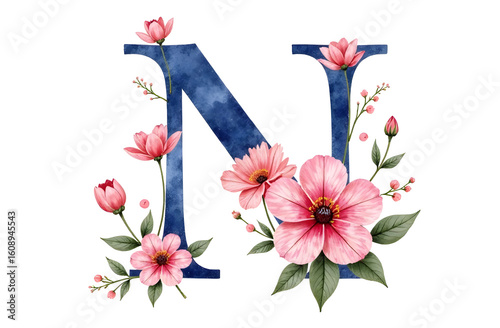 Elegant capital letter N in deep blue with pink watercolor flowers and green leaves on a white background, perfect for floral monogram concepts