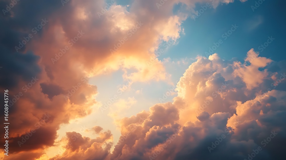 Fototapeta premium Cloudscape in the sky at sunset after rain dramatic atmospheric background view