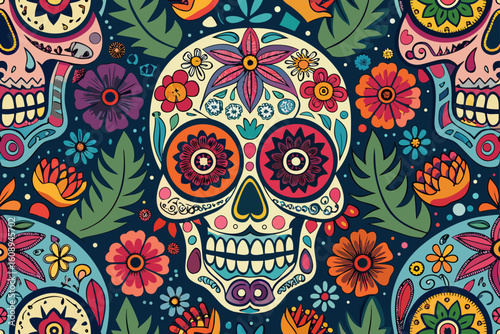 Seamless Pattern of Detailed Sugar Skulls