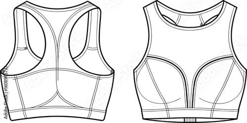 Professional Flat Sketch of a Women's Racerback Sports Bra, Front and Back Views, Ideal for Activewear Design, Technical Illustration, and Apparel CAD Templates, Perfect for Fitness.