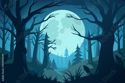 Spooky Forest Silhouette with a Full Moon Vector