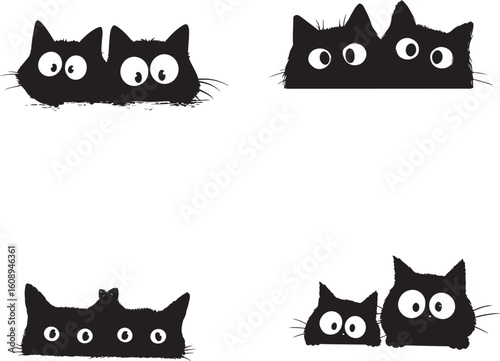 Four panels of adorable peeking black kittens with big eyes