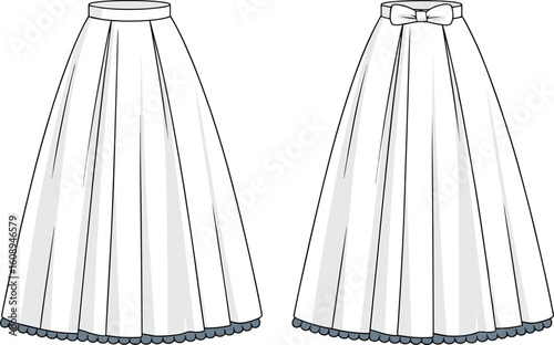 Blank pleated midi skirt template for fashion illustration and technical drawing, with a bow-tie back and a scalloped hemline