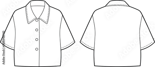 Stylish Flat Sketch of a Classic Short Sleeve Button-Up Collared Blouse, Front and Back Views, Perfect for Fashion Design, Technical Illustration, and Apparel CAD Templates, Versatile and Essential.