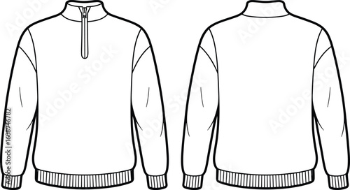 Blank quarter-zip sweatshirt template for fashion design and technical drawing, a versatile mockup for sportswear, casual, and street-style apparel