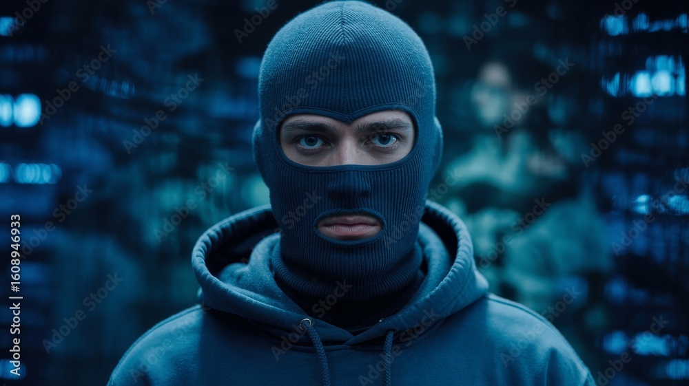 A person wearing a black balaclava and hoodie stands against a blurred background with blue lights, looking directly into the camera. A person wearing a black balaclava and hoodie stands against a blurred background with blue lights, looking directly into the camera.