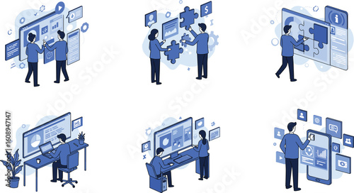Digital teamwork illustration, business data interface, puzzle collaboration, project planning, online dashboard, mobile interaction, communication
