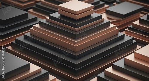 Elegant abstract 3D background showcasing pyramids of squares in bronze and black colors