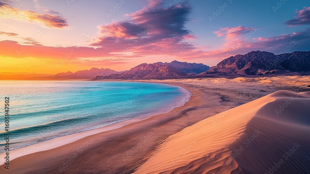 Fototapeta premium stunning sunset over desert beach and mountains
