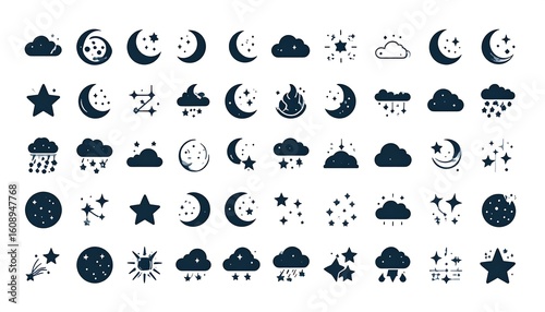 Collection of dark-blue celestial icons; stars, moons, clouds, and weather