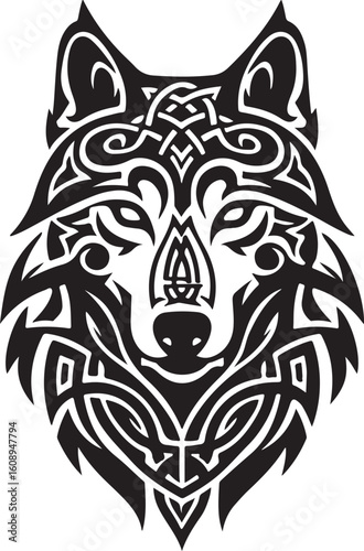 Intricate celtic knotwork wolf head tattoo design