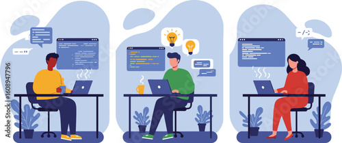 Diverse software developers coding innovative applications, programming responsive websites, collaborating on digital solutions, and building  