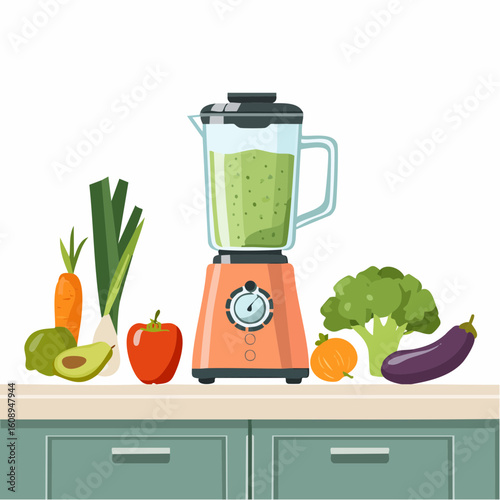 A vibrant illustration of a blender filled with green smoothie, surrounded by fresh vegetables.