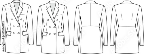  Double breasted blazer flat sketch, front and back view, tailored jacket illustration, fashion technical drawing, vector coat design template

flat vector illustration
