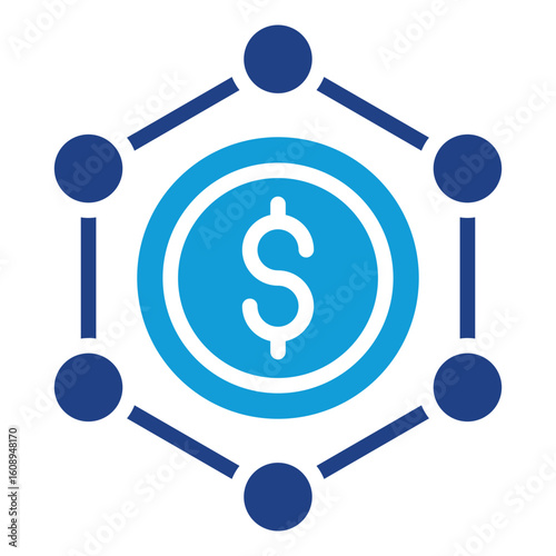 Decentralized Finance Glyph Blue Silhouette Icon Vector Design - Coin inside hexagonal network illustrates decentralized finance or blockchain financial systems