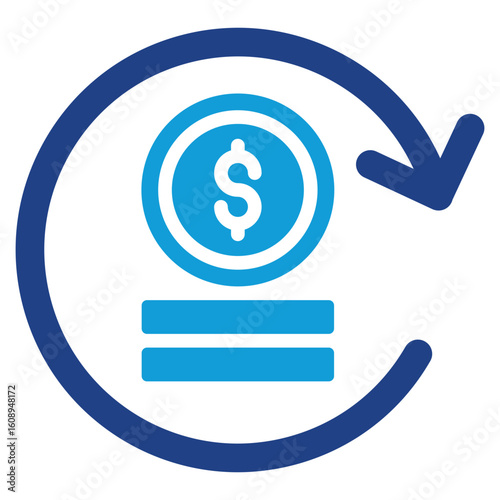 Auto Payment Glyph Blue Silhouette Icon Vector Design - Coin with circular arrow indicates automated payments, recurring transactions, or money cycle