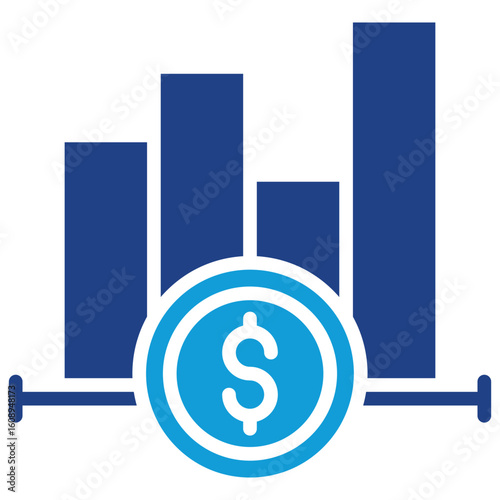 Financial Chart Glyph Blue Silhouette Icon Vector Design - Bar chart with a dollar symbol representing financial performance, revenue trends, or business analytics