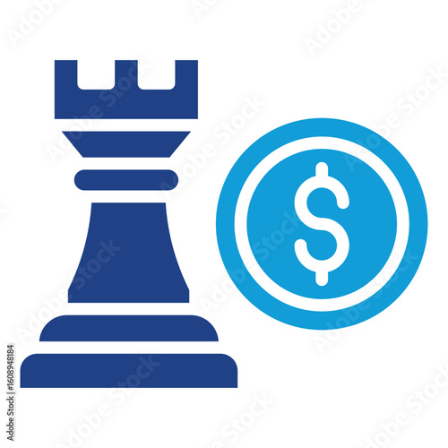 Financial Strategy Glyph Blue Silhouette Icon Vector Design - Chess rook and coin represent strategic financial planning or investment decisions