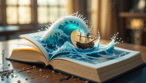 Open Book with 3D Ship Sailing on Sea Waves – Imaginative Concept of Adventure and Storytelling