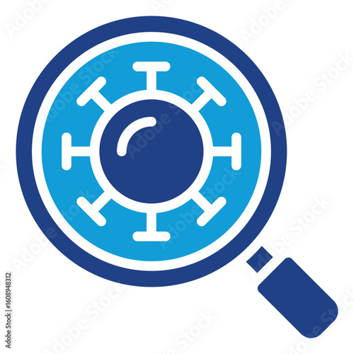 Virus Detection Glyph Blue Silhouette Icon Vector Design - Magnifying glass examining a virus particle, indicating virus analysis, detection, or diagnosis