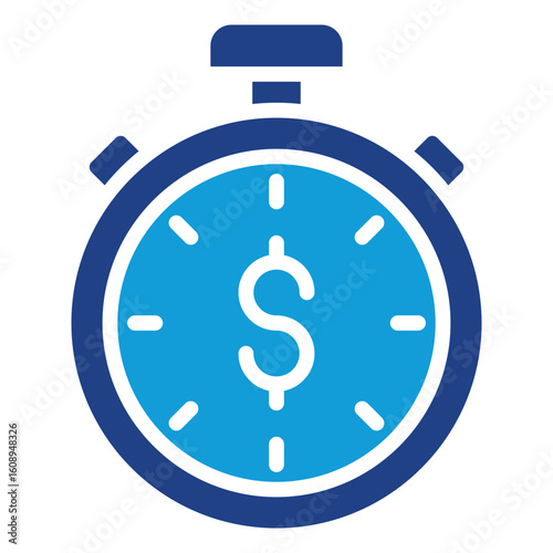 Time Finance Glyph Blue Silhouette Icon Vector Design - Stopwatch with dollar symbol represents urgency in financial decisions or timed investment returns