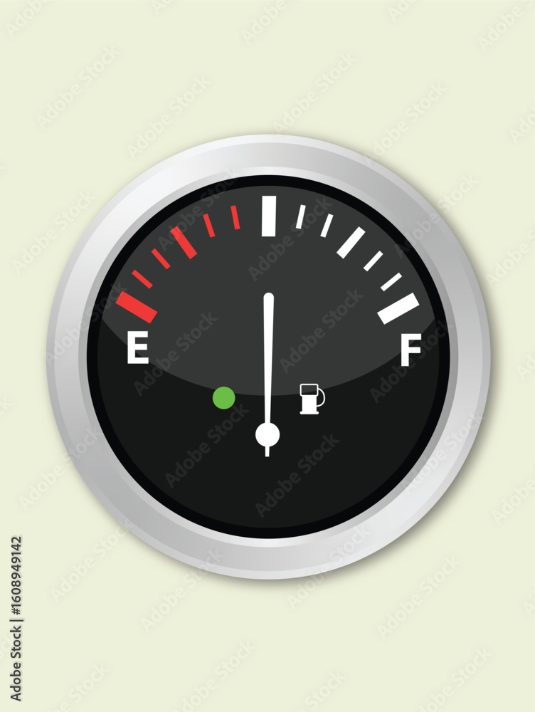 Illustration of a fuel gauge with the needle pointing towards empty, indicating low fuel, set against a light background. Illustration of a fuel gauge with the needle pointing towards empty, indicating low fuel, set against a light background.