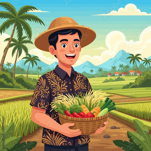 Smiling farmer in traditional clothing holds a basket of fresh produce in a lush rice paddy landscape.