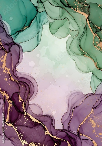 Elegant alcohol ink background in emerald green and purple with gold accents