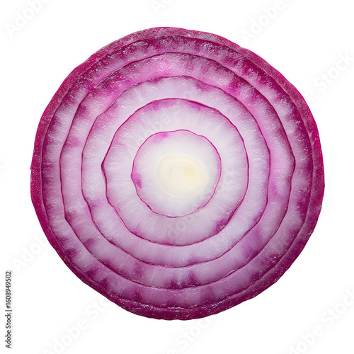 Vibrant slice of red onion against black backdrop showcasing concentric layers