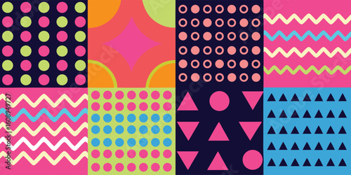 Geometric Kaleidoscope of Patterns: A vibrant assortment of geometric patterns, showcasing a diverse array of shapes, colors, and designs to ignite creativity and visual interest. 