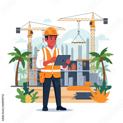 Construction worker using a tablet at a building site, overseeing operations.