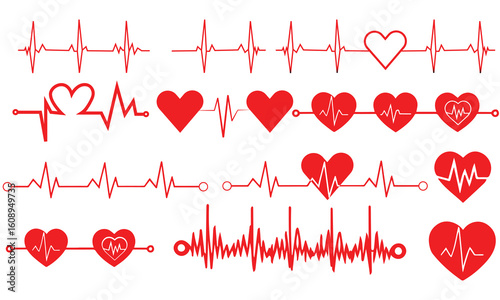 Red heartbeat line collection with heart symbol, cardiology, medical pulse, ECG, EKG design, healthcare clipart vector illustration, health monitoring, digital heartbeat graphics