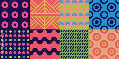 Geometric Patterns Array: A curated collection of vibrant geometric patterns, meticulously designed with bold colors, offering a visual feast.