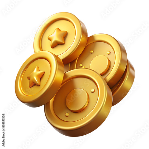 Pile of golden game coins with star emblem isolated on transparent background