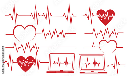 Red heartbeat line collection with heart symbol, cardiology, medical pulse, ECG, EKG design, healthcare clipart vector illustration, health monitoring, digital heartbeat graphics