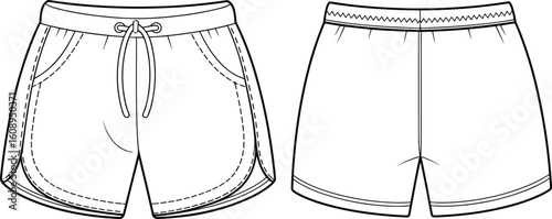 Blank women's athletic shorts template for fashion design and technical drawings, perfect for activewear, sportswear, and casual apparel mockups.