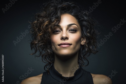 Portrait of a confident woman with curly hair showcasing a stylish black top against a dark background