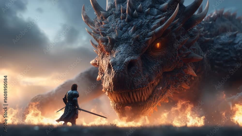 Fantasy knight facing giant fire breathing dragon in epic battle scene ...
