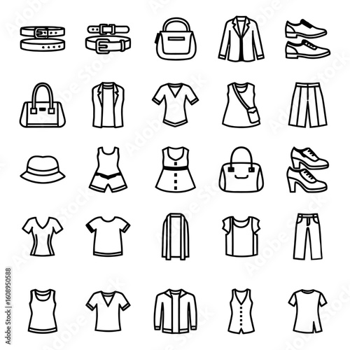Set of diverse clothing and accessory icons featuring shirts, pants, bags, hats, and shoes in a minimal outline design