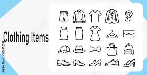 A collection of various clothing and accessory icons including shirts, shoes, bags, hats, and more in a simple