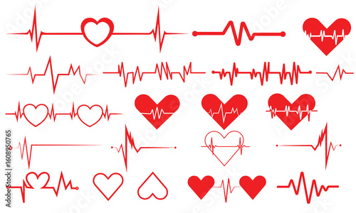 Red heartbeat line collection with heart symbol, cardiology, medical pulse, ECG, EKG design, healthcare clipart vector illustration, health monitoring, digital heartbeat graphics