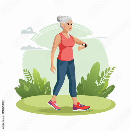Active senior woman in sportswear walking outdoors in a summer park, checking her fitness tracker. Healthy lifestyle concept.