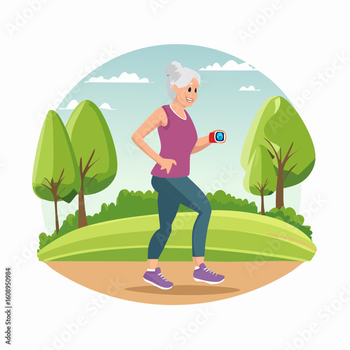 Happy senior woman jogging in a park on a sunny day. Concept of a healthy, active lifestyle and wellness in retirement.