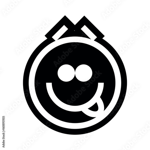 Stylized face with protruding tongue and geometric headwear in black and white illustration