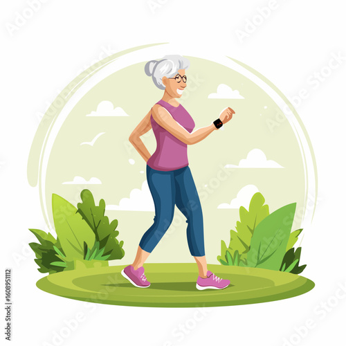 Active senior woman walking in the park, enjoying a healthy lifestyle. Elderly lady exercising outdoors in nature.