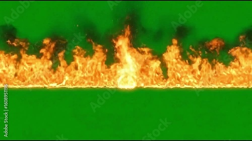 Intense horizontal fire explosion effect against the green screen background for cinematic action sequences