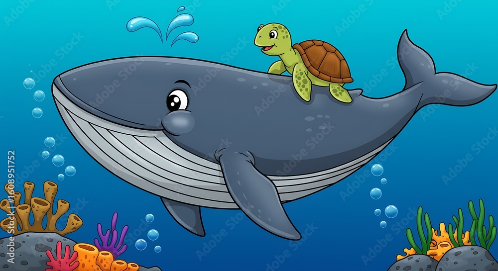 Obraz premium Friendly whale carrying a turtle underwater isolated on blue background