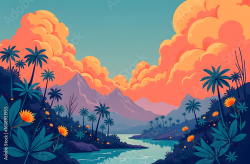 Colorful tropical scene with lush palms, glowing flowers, river, and vivid sunset clouds on a stylized background, concept of paradise nature